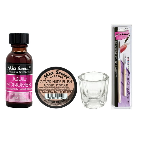 Mia Secret - Liquid Monomer 1oz   Cover Nude Blush Acrylic Powder 0.5 oz   Dappen Dish   Academy Duo Nail Brush #8 OR - COMBO