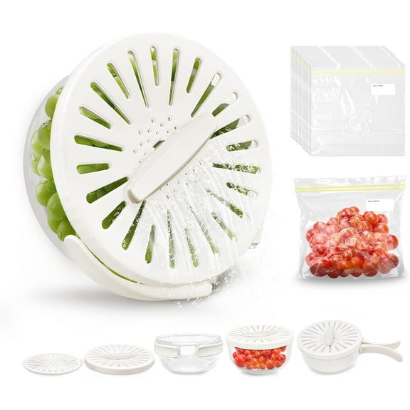 Fruit Washing Bowl with Strainer with 15 Pcs Food Storage Bags, 2 in 1 Fruit Drainer Container with Handle for Kitchen and Fridge, Colanders & Food Strainers with Lockable Lid, White