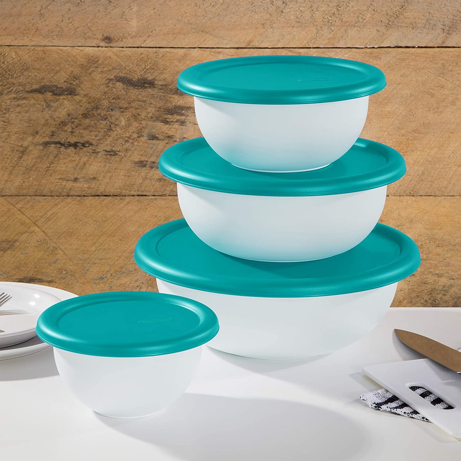 Sterilite 8-Piece Covered Bowl Set, Blue Sky Lids with White Bowls, 6-Pack