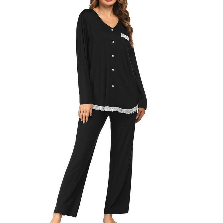 AherBiu Womens 2 Piece Pajamas Sets Button V Neck Long Sleeve Shirts with  Soft Pants Comfy Sleepwear Outfits