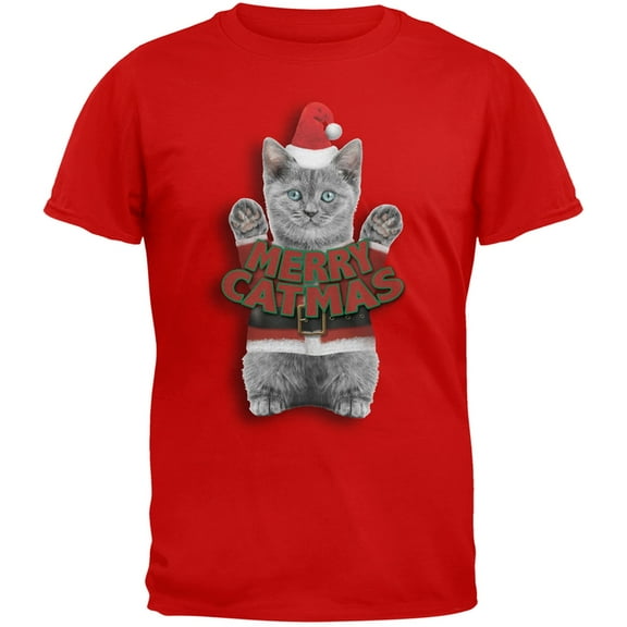 Merry Catmas Santa Christmas Cat Red T-Shirt - Medium