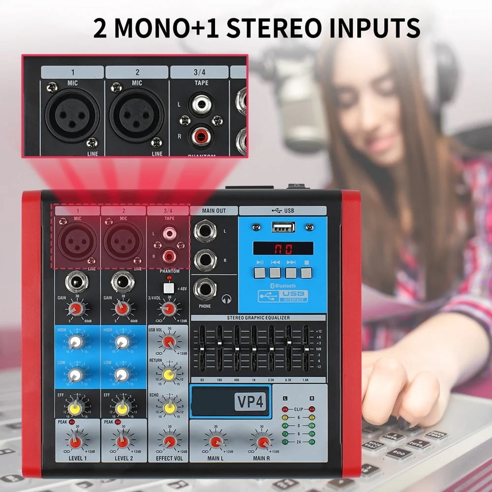 VP-4 Professional 4 Channels Mixer DJ Controller with Bluetooth USB Interface for Stage Studio