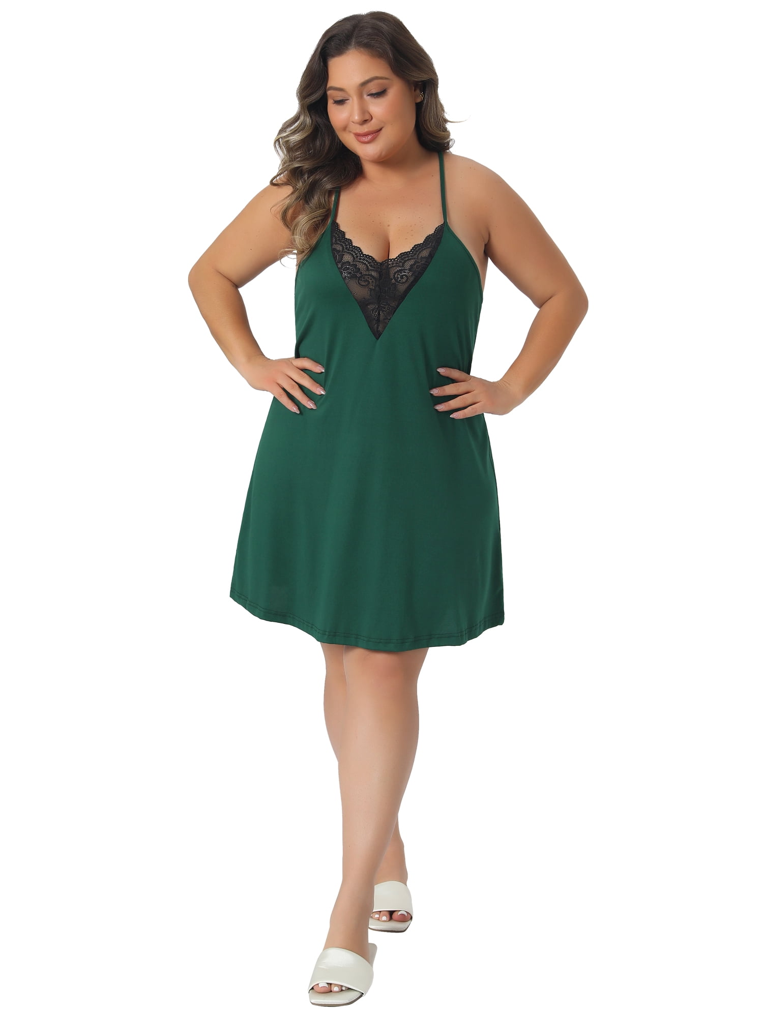 DARING DIVA Women's Plus V Neck Lace Panel Spaghetti Strap Nightdress 3X Dark Green