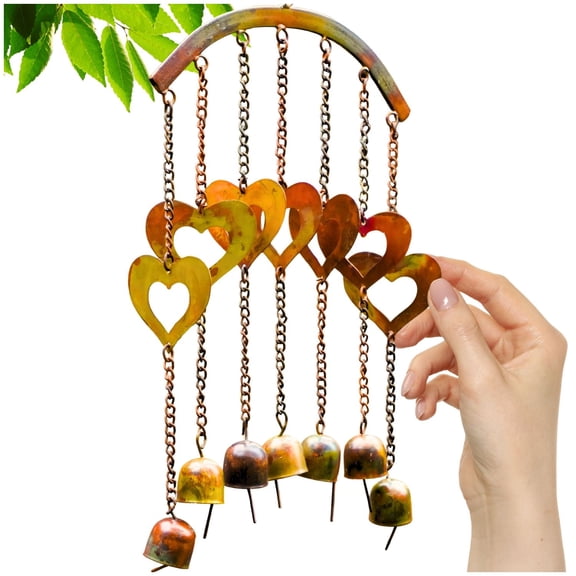 Happy Gardens Handcrafted Arch of Hearts Wind Chimes With 7 Bells (Flamed Finish) Outdoor Metal Hook Hanging Decor for Outside Back Yard