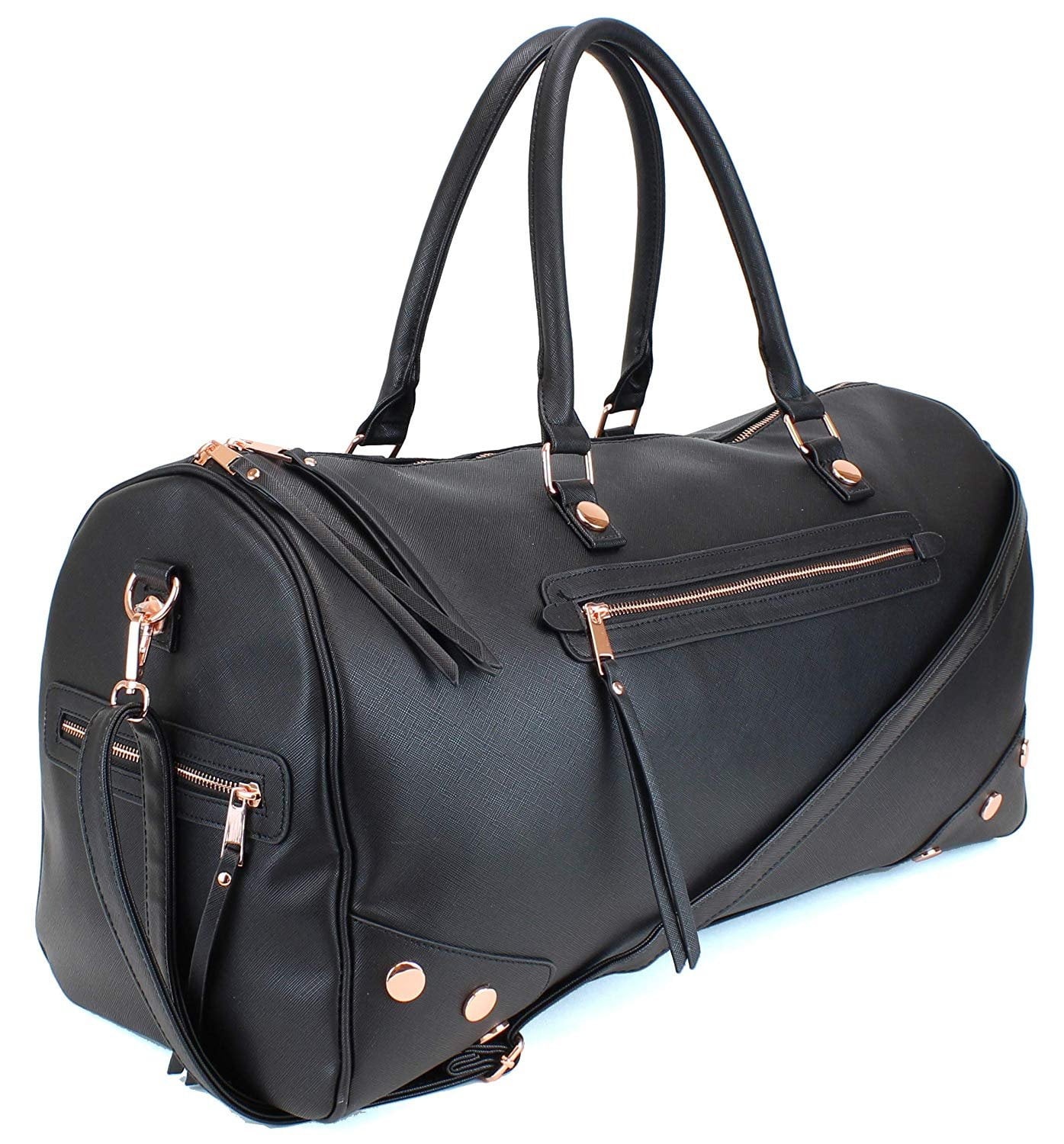 Women's Studded Large Leather Weekender Duffel Bag with Rose Gold 