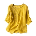 thumbnail image 2 of Yellow T Shirts for Women 3/4 Sleeve Linen Shirts for Women 2026 Cotton Summer Retro Embroidered Boho Tops Casual Trendy Vacation Blouse Fashion Clothing, 2 of 4