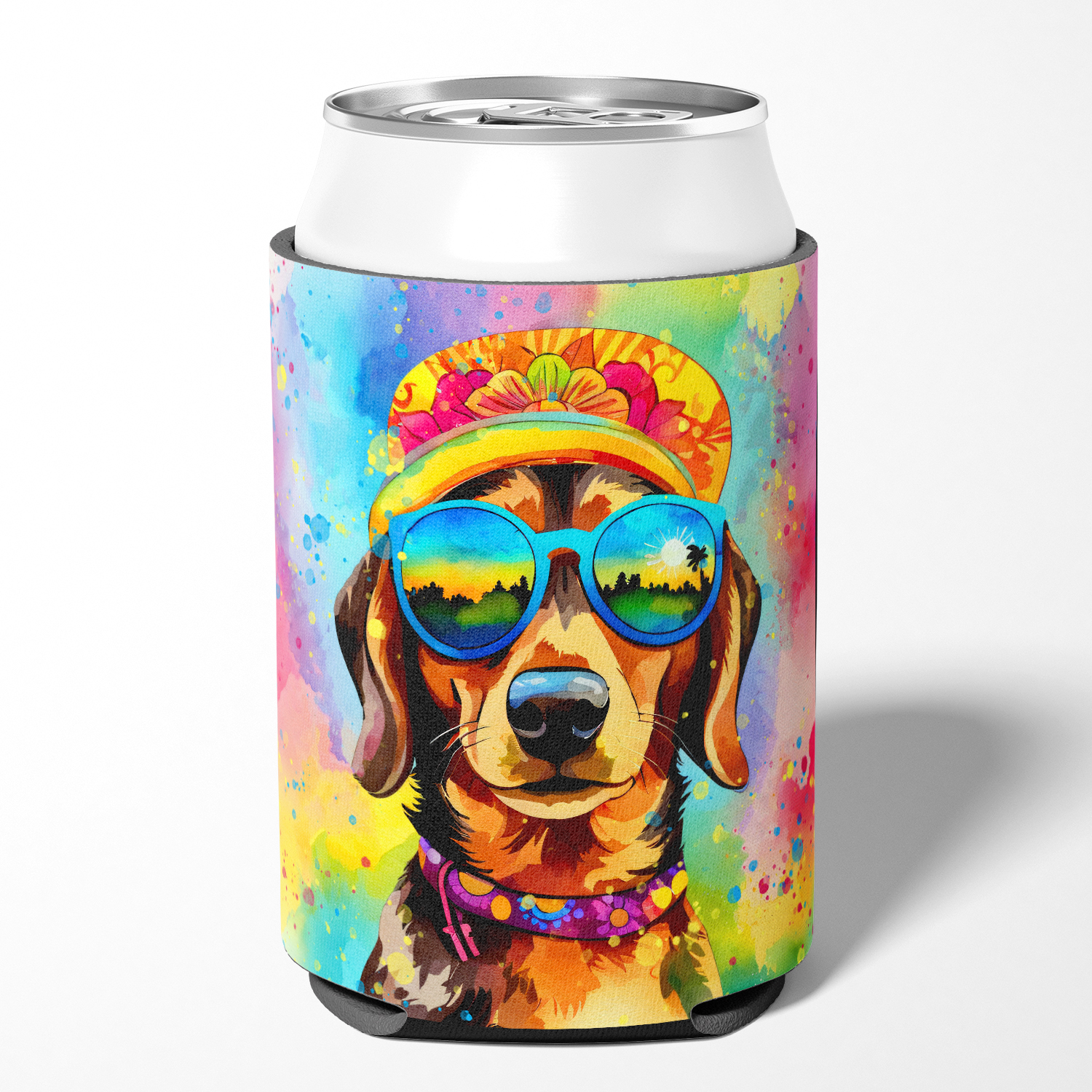 Dachshund Hippie Dawg Can or Bottle Hugger 3 in x 5 in