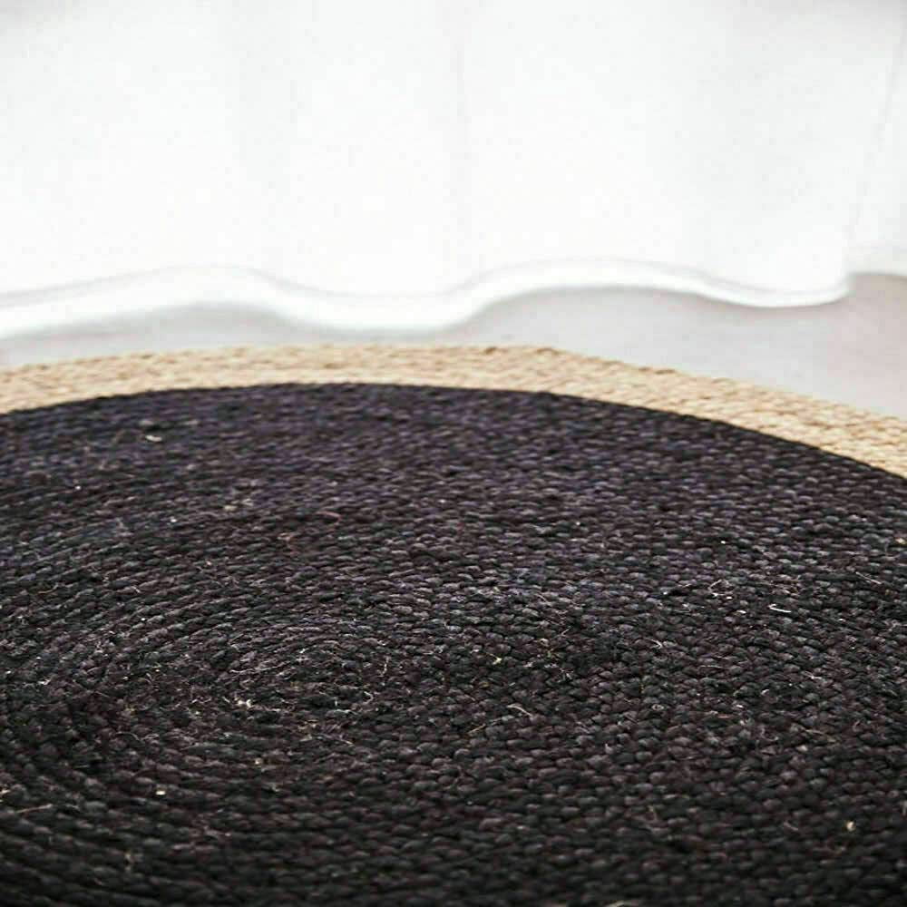 Natural Jute Rug Hand Braided Round Area Rug Handmade Rug for Home Decor (7 Feet Round (84x84 Inches), Black + Beige Border)