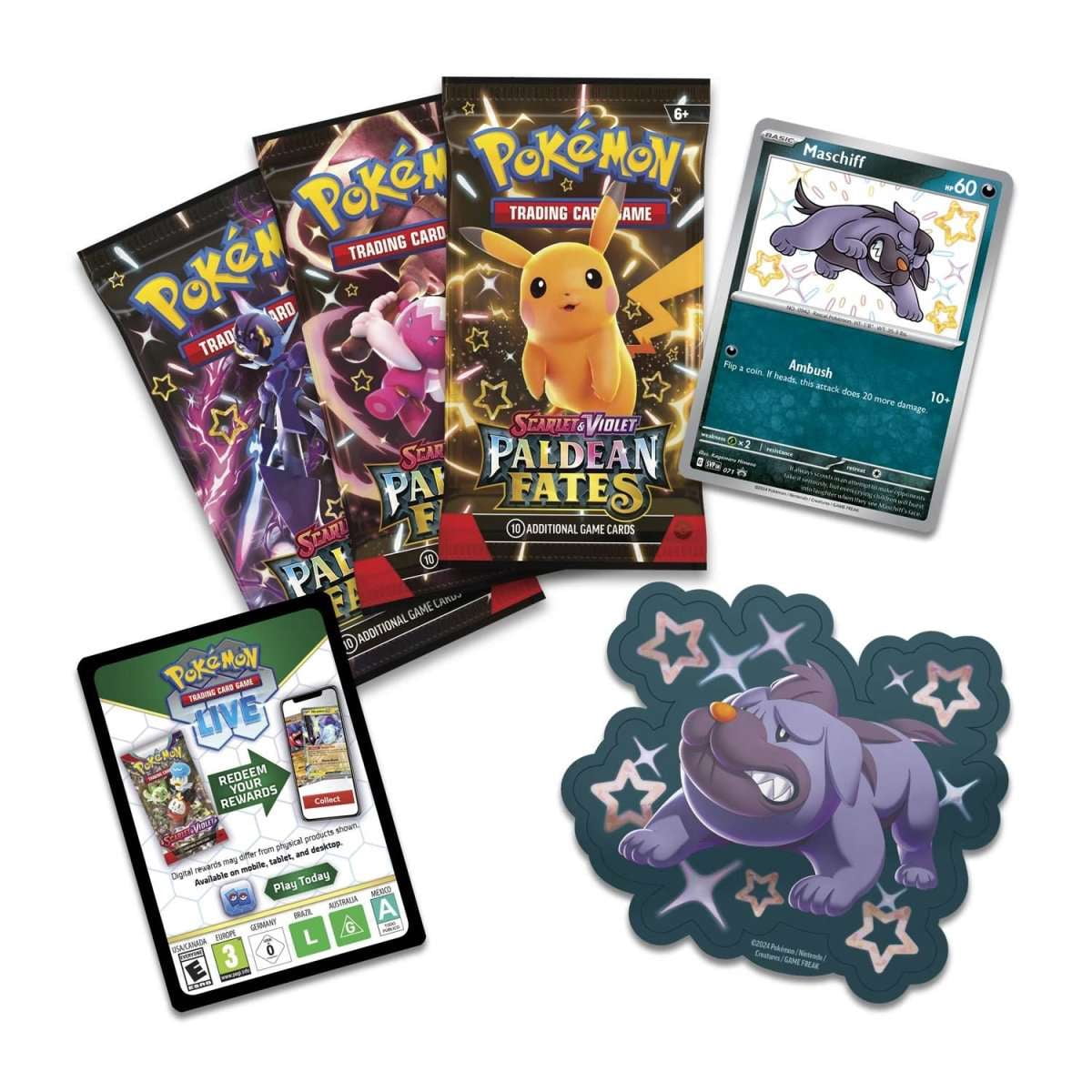 Pokemon Scarlet & Violet Paldean Fates Maschiff Tech Sticker Collection (3 Booster Packs, Shiny Promo Card & Sticker)