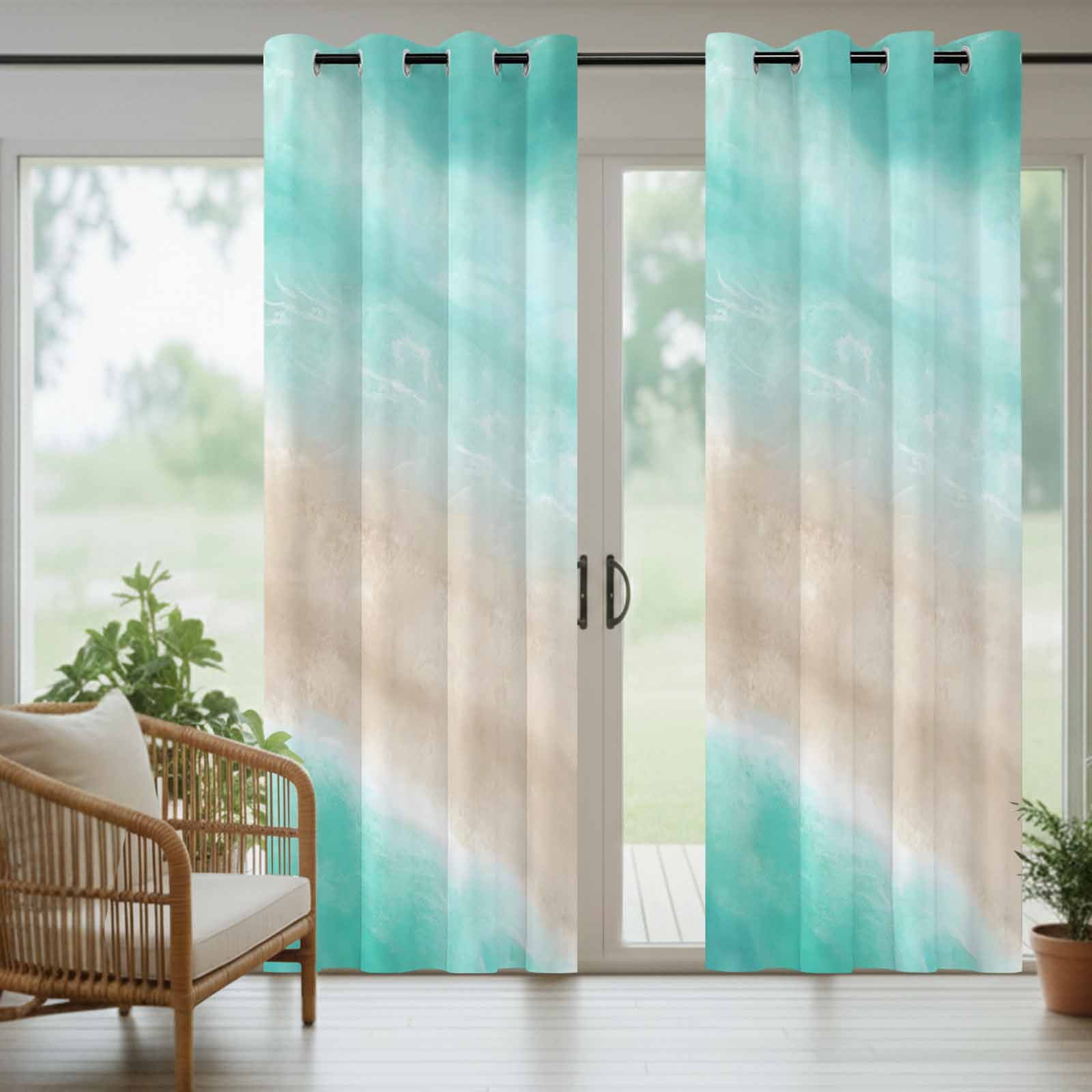Summer Beach Outdoor Curtains for Patio, Teal Green Gradient Ocean Wave Beige Sand Abstract Sunshade Privacy Drapes Grommet Waterproof Outside Curtains for Porch/Cabana/Balcony 54"x 108", 1 Panel