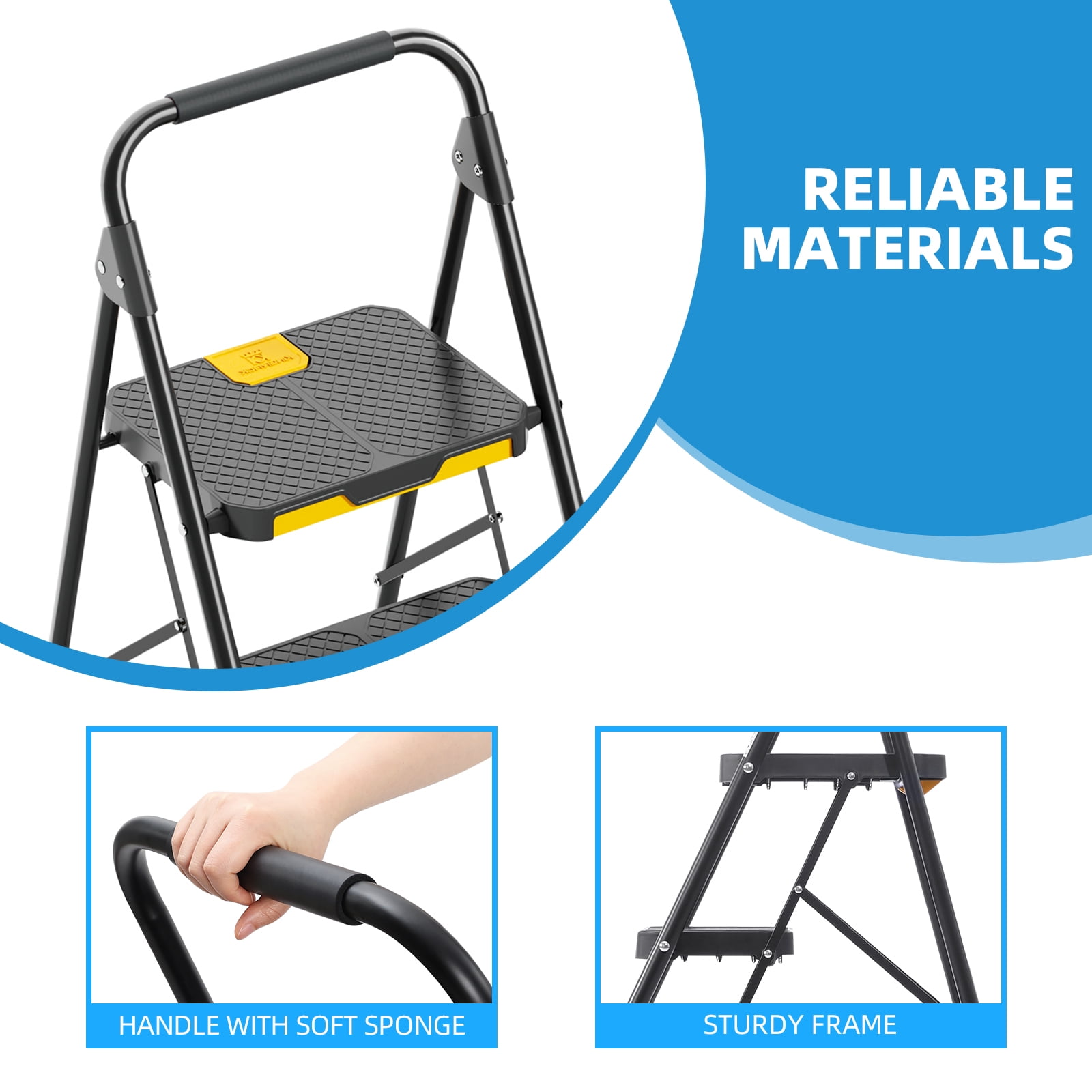 KINGRACK 3-Step Folding Ladder – 800 Lbs Capacity, Non-Skid Wide Pedals, Safety Lock, Handrail, And Anti-Slip Feet – Lightweight Household Stool For Home, Kitchen, Closet, And Office