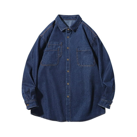 LNWUY Men's Cotton Shirts Long Sleeve Casual Solid Color Formal Shirt Spring Loose Turn-Down Collar Tops with Pocket Blue XL
