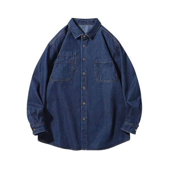 Denim Shirts for Men M-4X Plus Size Big & Tall Long Sleeve Button Up Collar Tops with Pockets Casual Solid Loungewear Lapel Tshirts Shirt