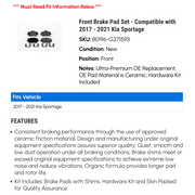 Front Brake Pad Set - Compatible with 2017 - 2021 Kia Sportage 2018 2019 2020