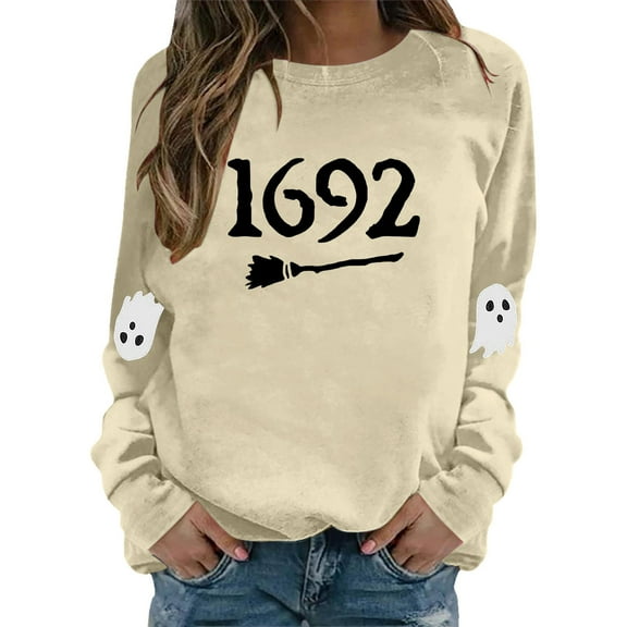 Womens Halloween Crewneck Sweatshirts Fall 1692 Ghost Printed Long Sleeve Pullover Tops Fashion Casual Relaxed Fit Blouses Z001-Beige L