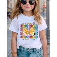 thumbnail image 1 of Camiseta de manga corta con estampado de pajarita y lápiz para niña de primer grado - Top informal de verano en morado vibrante con letras coloridas, tela de microfibra suave, cuello redondo, lavable, 1 of 7