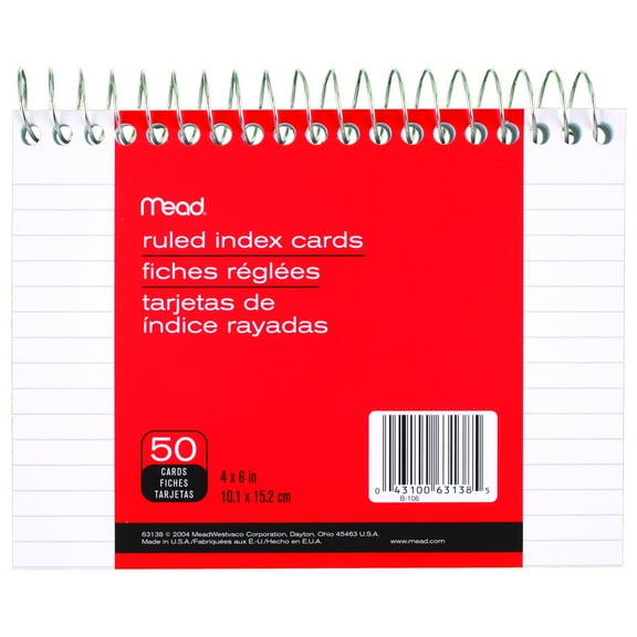 Mead Wirebound Index Cards, Ruled, 4" x 6", White