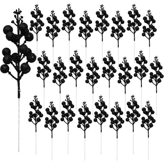 20 Pack Christmas Glitter Berries Stems, 9Inch Artificial Christmas Picks,Black Berries Branches for Christmas Tree Ornaments, DIY Xmas Wreath, Crafts, Holiday and Home Decor (Black)