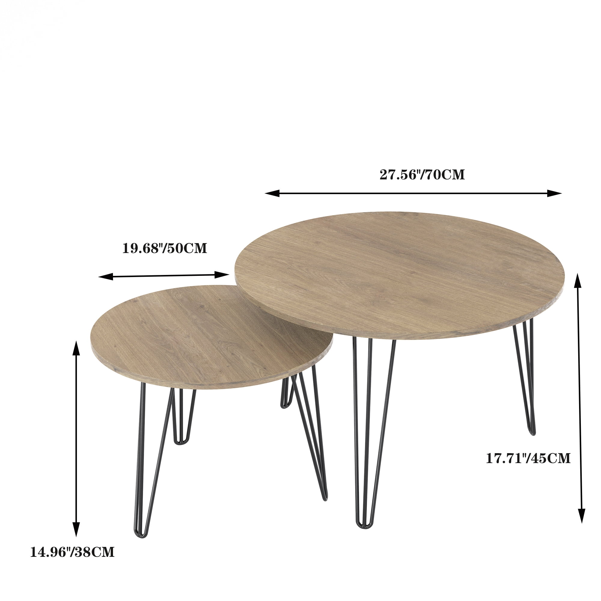 27.56'' Round Nesting Coffee Table Set of 2,Wooden End Table Set, with Metal Base for Living Room,Bedroom,Brown