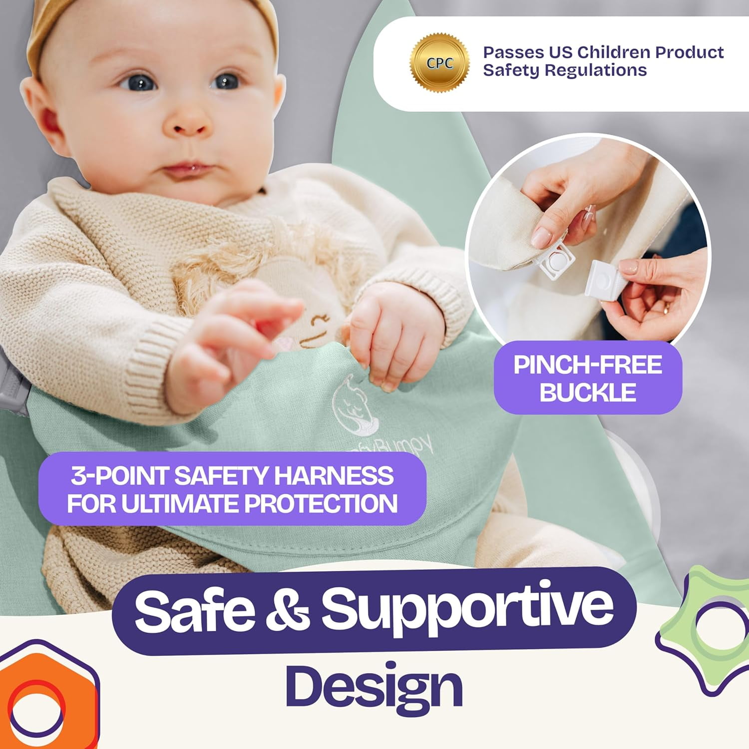 ComfyBumpy Ergonomic Baby Bouncer Seat - Portable Bouncing Chair with Adjustable Height Positions- Green