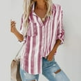thumbnail image 4 of TIHLMK Long Sleeve Blouse Shirt Womens Fashion V Neck Striped Roll Up Sleeve Button Down Blouses Tops With Pocket Loose Shirt Wine, 4 of 9