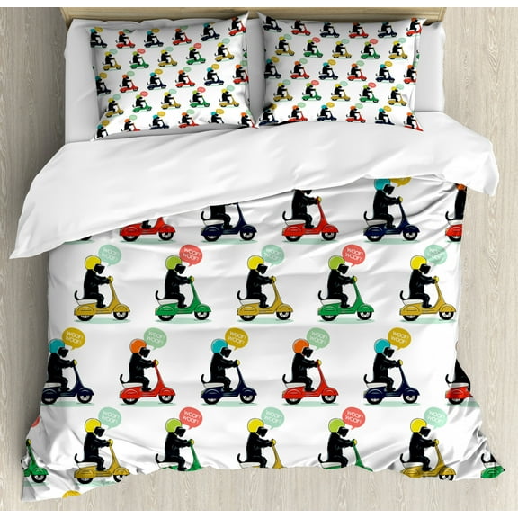 Motorcycle Duvet Cover Set King Size, Scottish Terrier Riding Colorful Scooters with Woof Speech Bubble Illustration, Decorative 3 Piece Bedding Set with 2 Pillow Shams, Multicolor, by Ambesonne