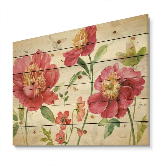 Designart 'Butterfly and Red Springflowers' Cabin & Lodge Print on Natural Pine Wood