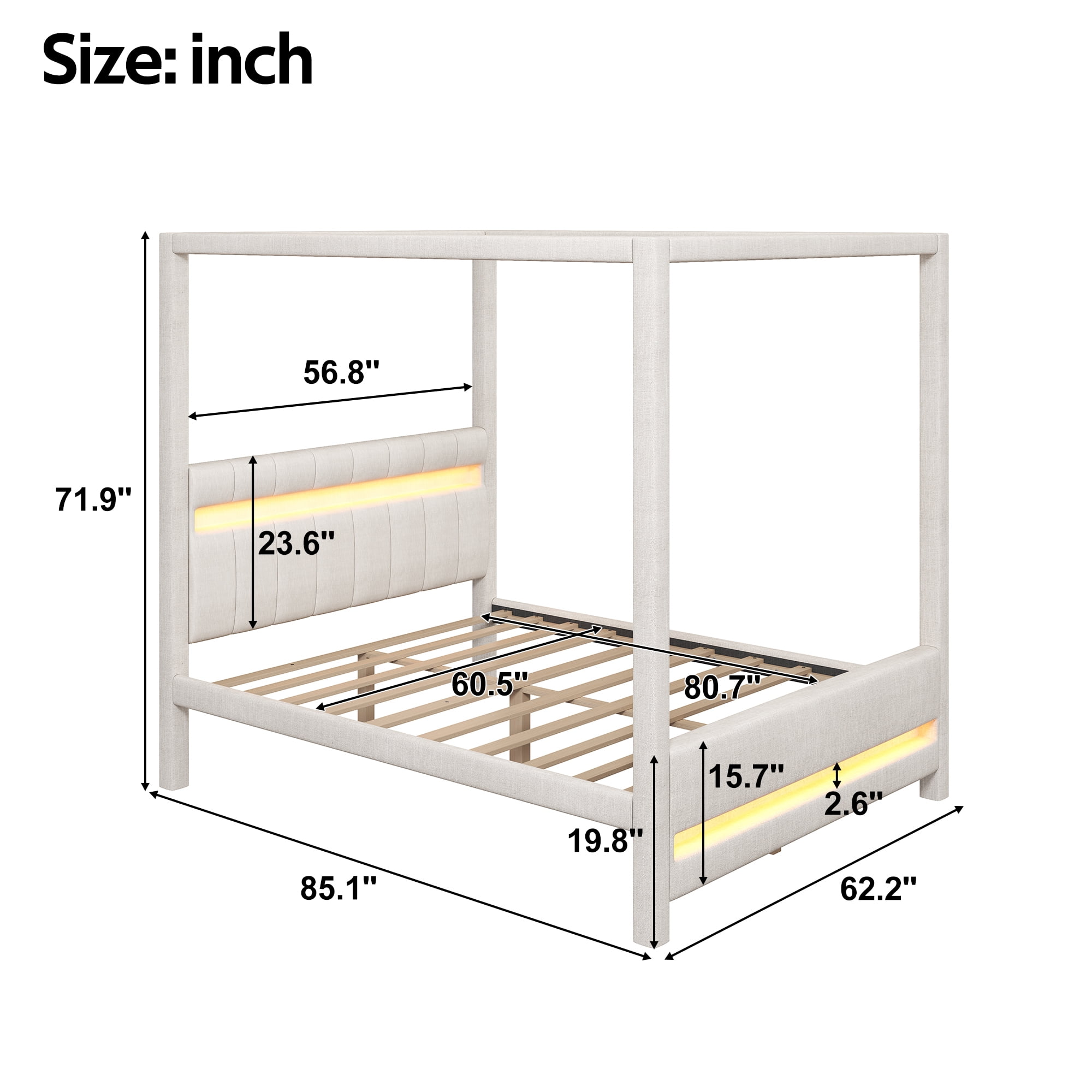 Euroco Upholstery Queen Size Canopy Bed with LED Light, No Box Spring Needed Platform Bed, Beige