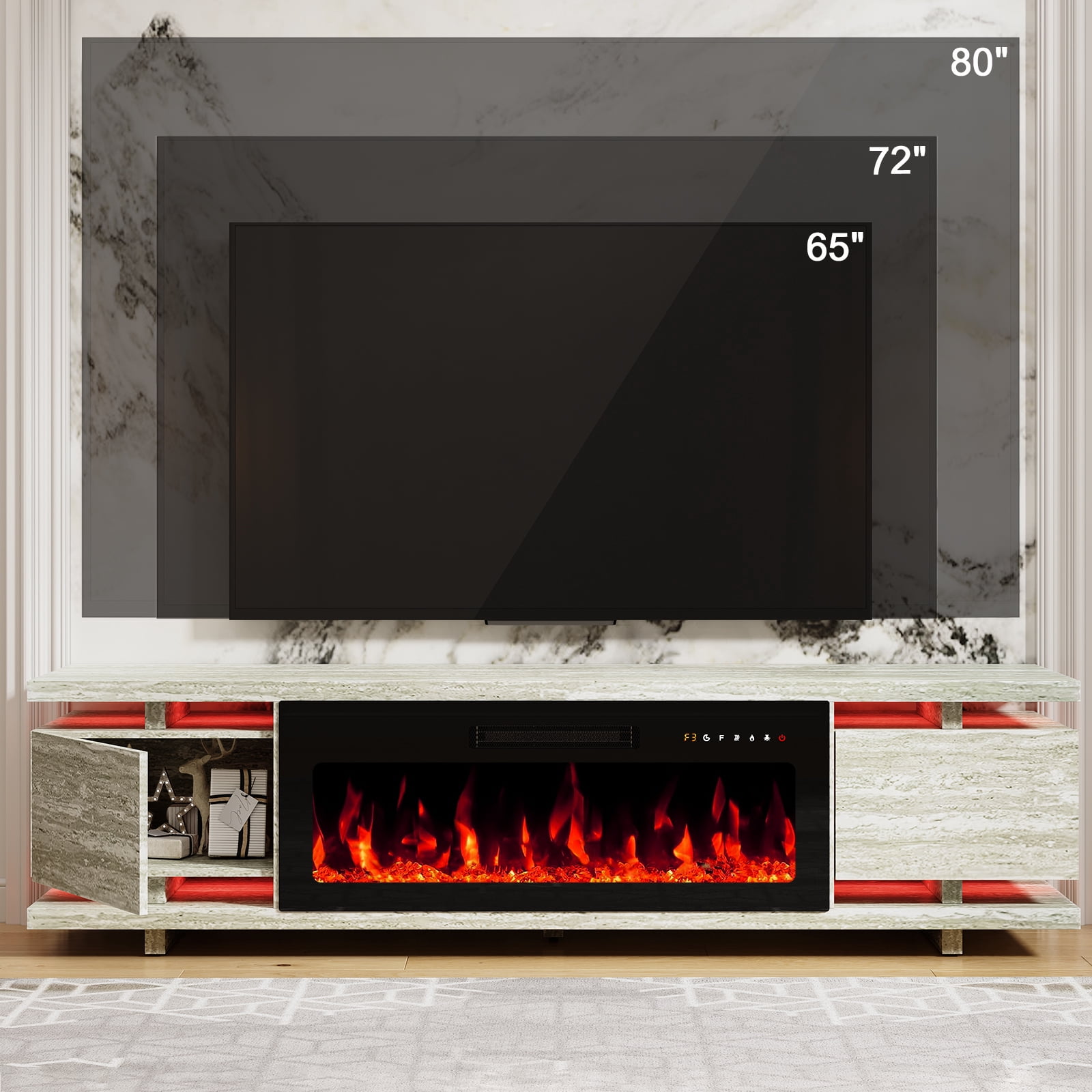 FAGAGA 69" Electric Fireplace TV Stands for TVs up to 80", LED Lights and Remote Control,Travertine