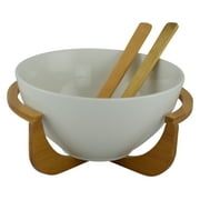 White Wear Ceramic Salad Bowl on Bamboo Stand