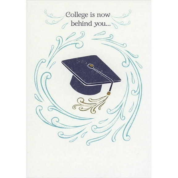 Designer Greetings College is Now Behind You : Swirls and Grad Cap College Graduation Congratulations Card