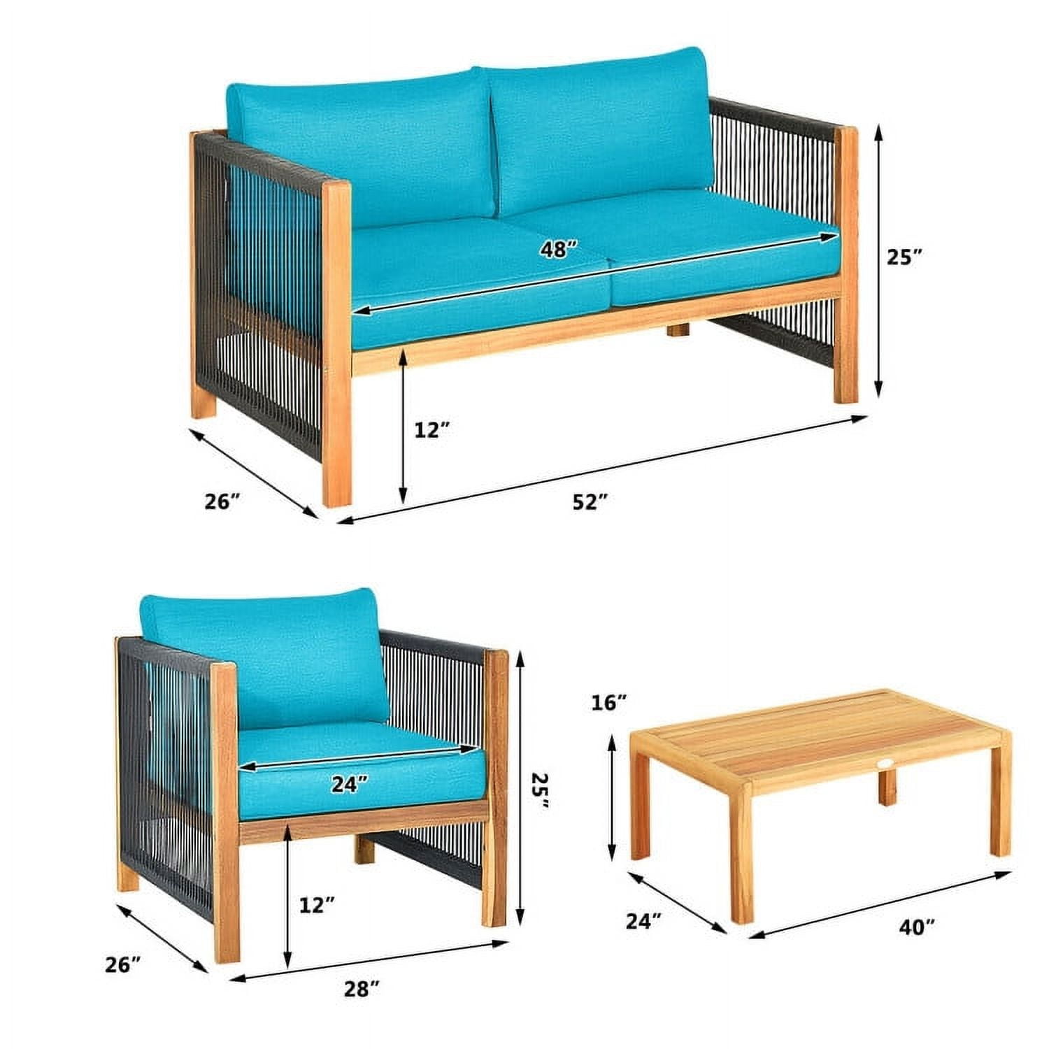 Aimee Lii 4 Pieces Acacia Wood Outdoor Patio Furniture Set with Cushions, Wooden Patio Furniture Set, Turquoise Aimee Lii 4 Pieces Acacia Wood Outdoor Patio Furniture Set with Cushions, Wooden Patio Furniture Set, Turquoise
