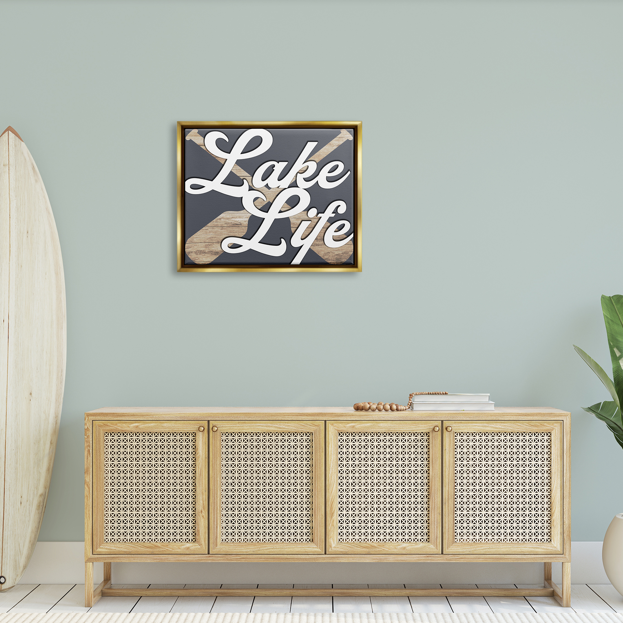 Stupell Lake Life Crossed Boating Oars Landscape Painting Gold Floater Framed Art Print Wall Art