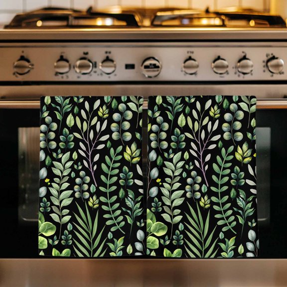 Green Leaves Kitchen Towels Set of 2, Elegant Pastoral Summer Botanical Watercolor Absorbent Dish Towels for Kitchen, Microfiber Hand Towel, Quick Drying Tea Towel for Cleaning Decorative Dishcloths