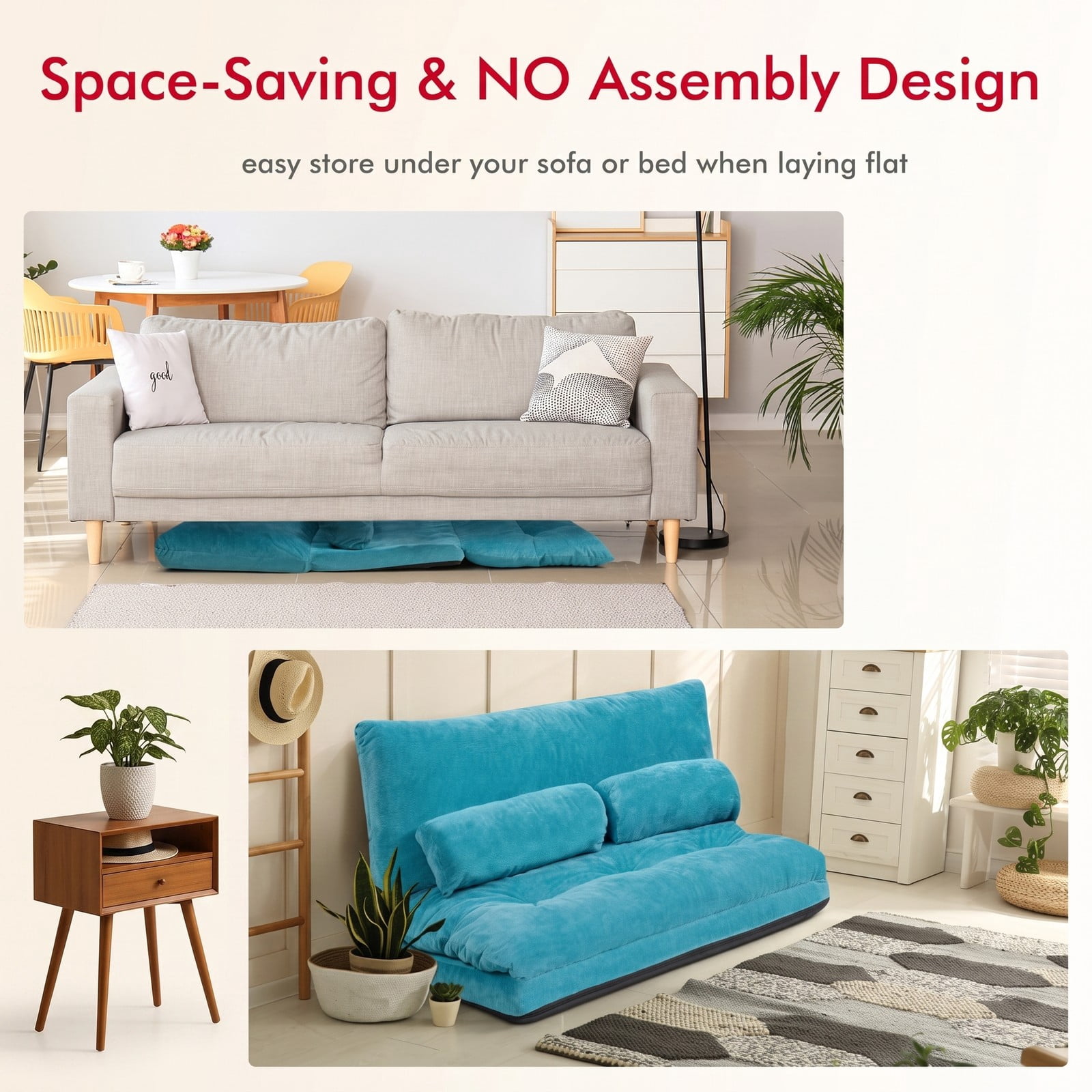 Furnibear 6-Position Adjustable Floor Sofa Bed, Foldable Sleeper Lounge Couch with 2 Pillows, Padded Corduroy Recliner Chair for Living Room Bedroom, 330 lbs, Blue