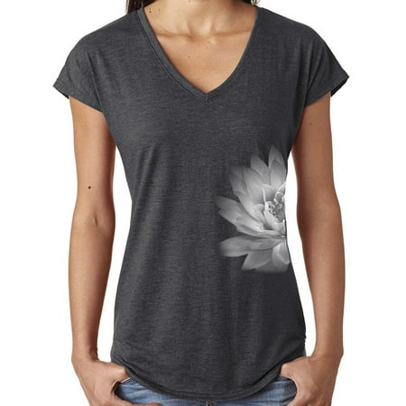 Ladies Lotus Flower V-neck Yoga Shirt - Dark Heather Grey, Small (side