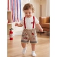 thumbnail image 3 of Tenue d'Été pour Bébé Garçon Thème Pompier Brodé Col Rond Manches Courtes Hauts + Shorts Cargo à Bretelles Réglables Rouges Ensemble 2 Pcs, 3 of 9