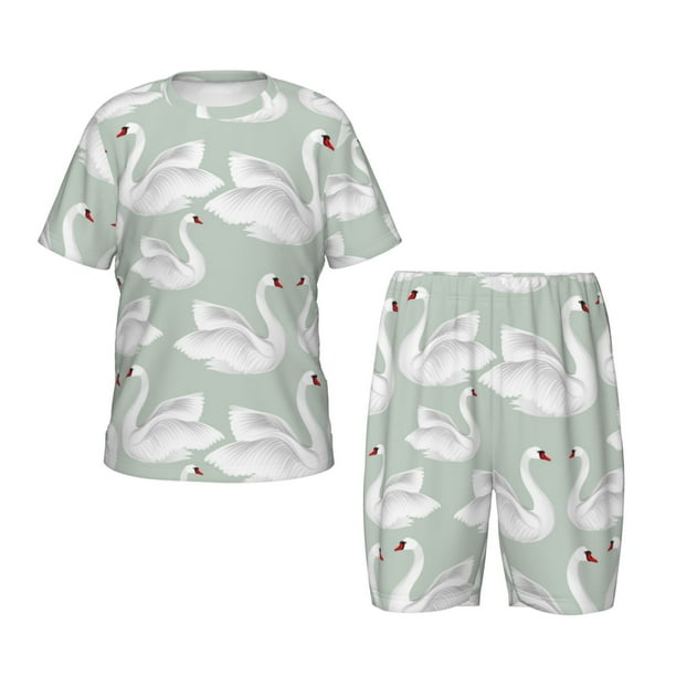 Fotbe White Birds Pijama Estampada de 2 Piezas para Niños – Ropa de Dormir de Manga Corta Cómoda para Niños y Niñas, Camiseta y Shorts de Algodón-Medium