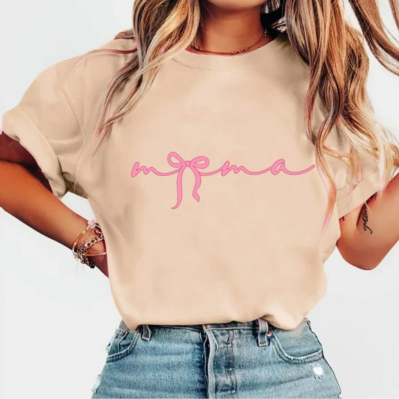NTACZA Womens Basic Tops Short Sleeve Beige Crew Neck Bow Print T-Shirts Ladies Tops and Blouses L