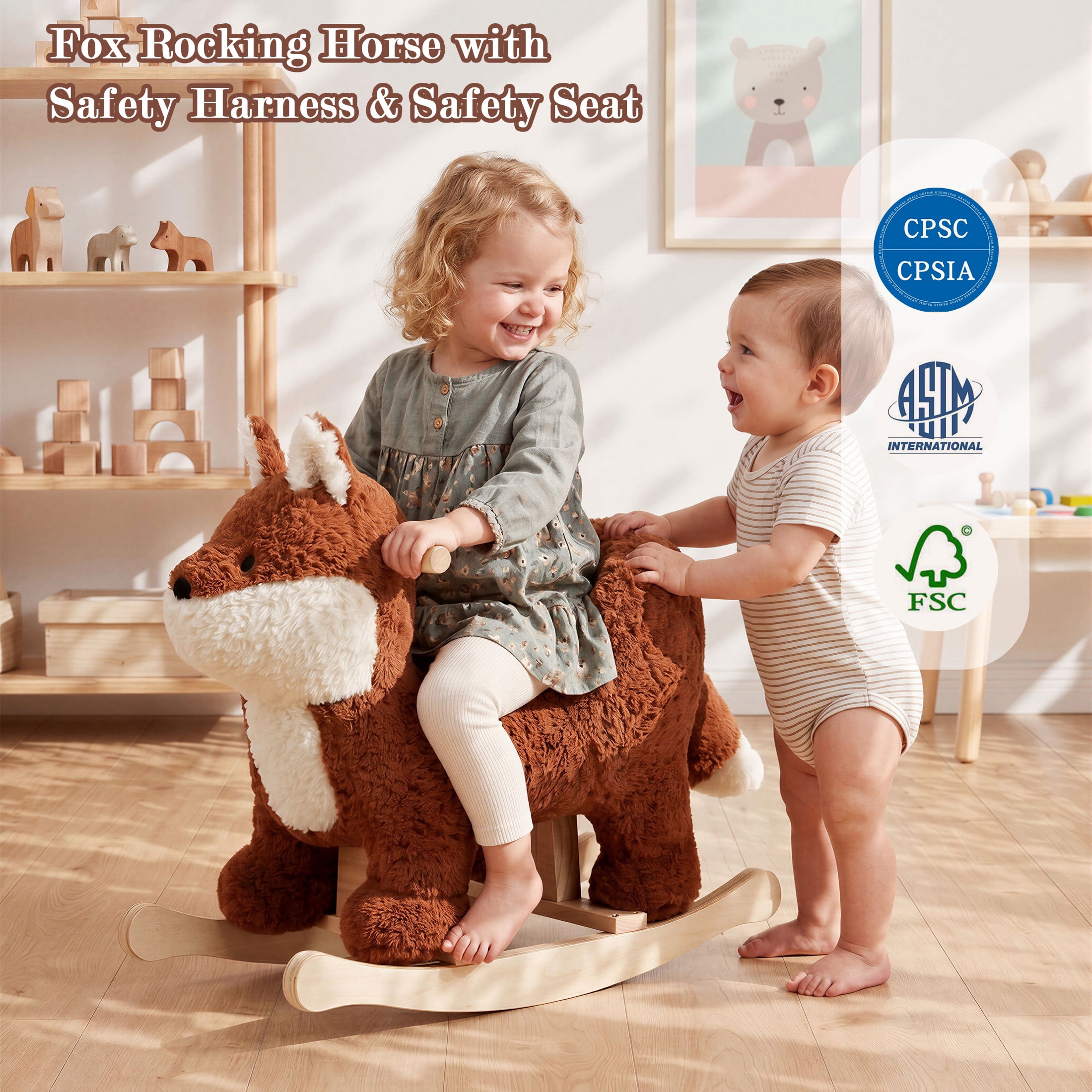 Jolie Vallee Baby Rocking Horse,Kids Ride on,Plush Animal Rocker,Wooden Base & Safety Belt for Ages 6+ Months,Fox,Brownish Red