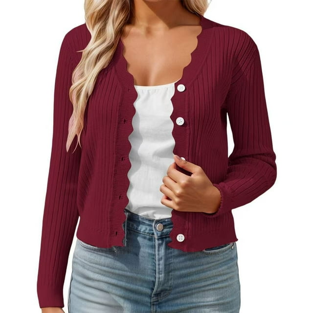 Women's Short Knit Cardigan Scallop Collar Elegant Lightweight Comfortable Casual Loose Fit Spring Fall Layering Top