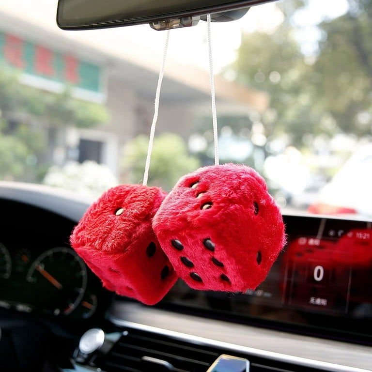 1 Pair Red Fuzzy Dice Vintage Car Plush Decor Hanging Rearview Mirror 2.25  Auto