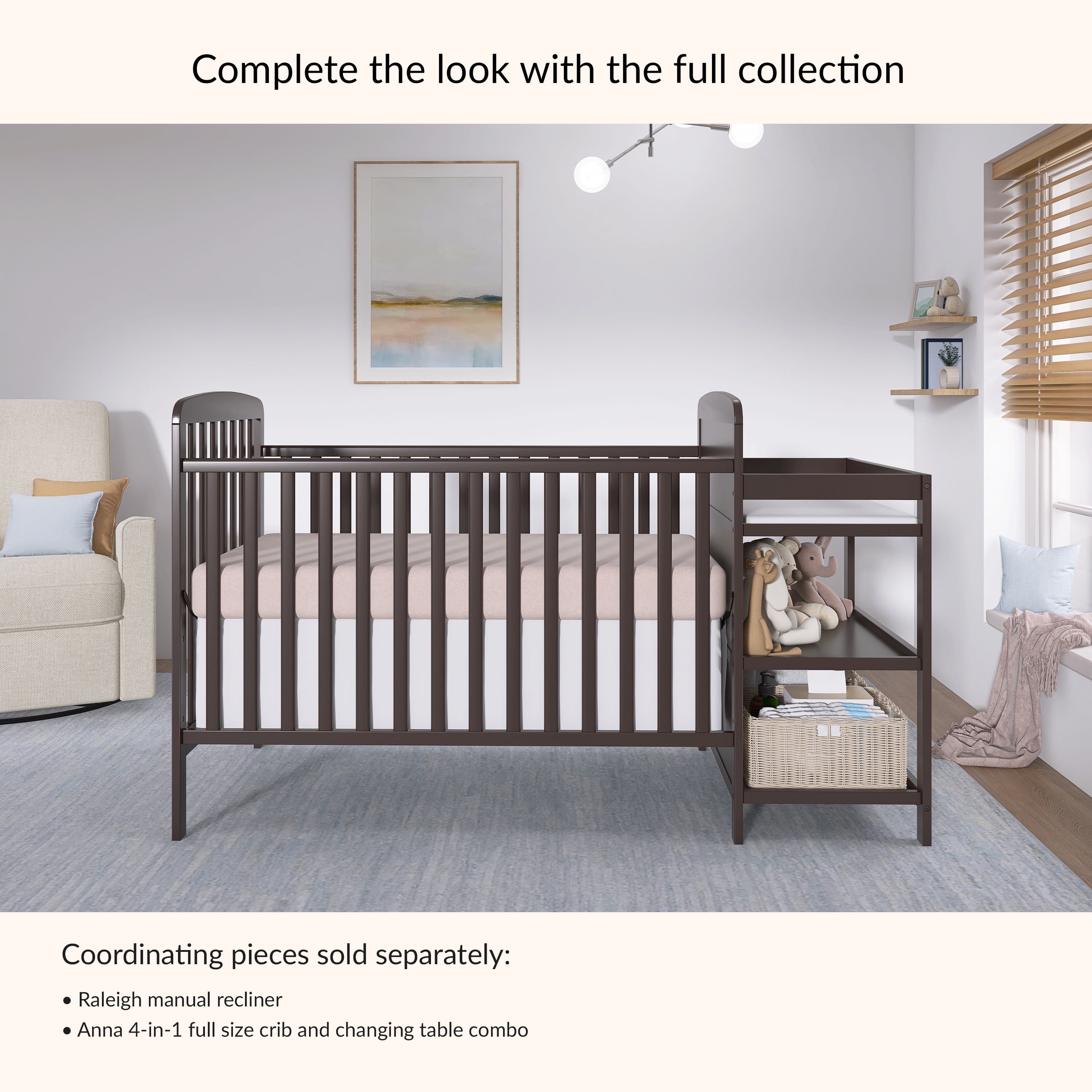 Dream On Me Anna 3-in-1 Convertible Crib with Changing Table Chocolate, Changing Pad Included Converts from Baby Crib to Toddler Bed, Day Bed and Kids Sofa, Three Adjustable Mattress Height Positions