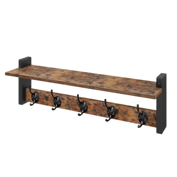 Wall Mounted Coat Rack with Shelf, Rustic Industrial Entryway Organizer with 5 Double Hooks, Wood Display Shelf, Metal Brackets, 17.1 in, Black & Brown