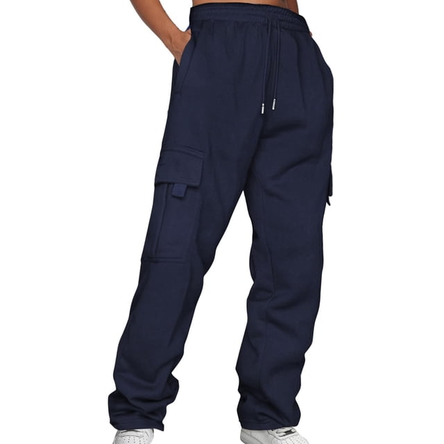 Pantalones Prolriy para mujer, lisos, con cordón, cintura elástica y bolsillos, color azul oscuro, talla XL