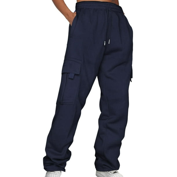 Pantalones Prolriy para mujer, pantalones de cintura elástica con cordón y bolsillos, color azul oscuro, talla M