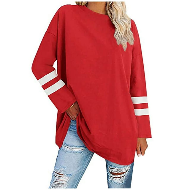Shirts for Women Crew Neck Solid Color Long Sleeve Pullover Casual Loose Long Sweatshirt Blouse Ladies Fall Tops