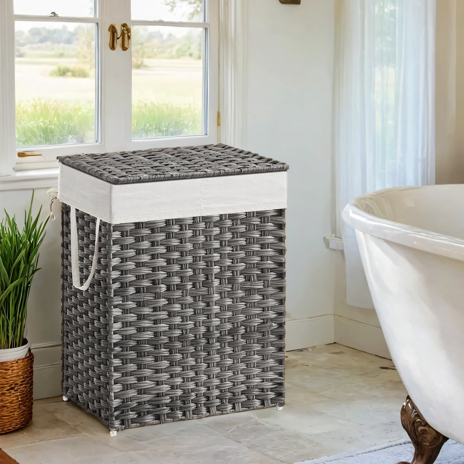 LEDREM Double Compartment Laundry Hamper with Lid - 90L Capacity, 2 Removable Washable Liners, 6 Mesh Bags, Steel Frame & Wicker, Design for Bathroom Storage, Gray