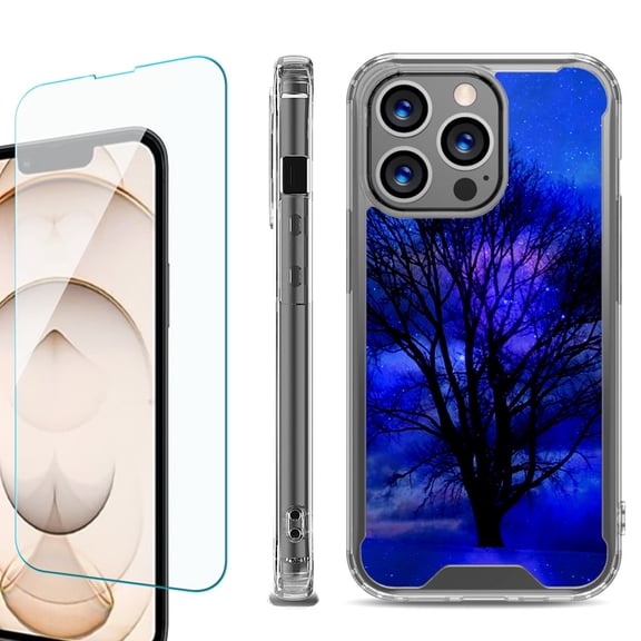Shockproof Bumper Phone Case for iPhone 13 Pro Max, with Tempered Glass Screen Protector, by OneToughShield ® - Night Tree