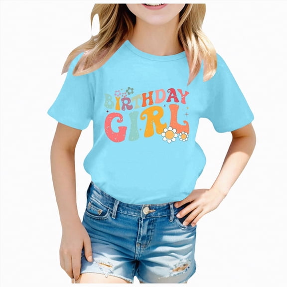 Hessimy Girls T-Shirts Short Sleeve Shirt for Girls Cotton Tees Kids Tshirts Clothes Summer Tops(Sky Blue,3-4 Years)